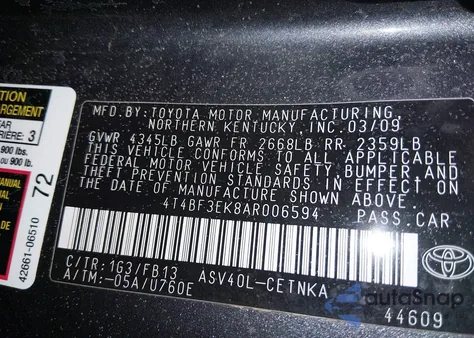 2010 Toyota Camry Le z USA, uszkodzony, nr VIN 4T4BF3EK8AR006594